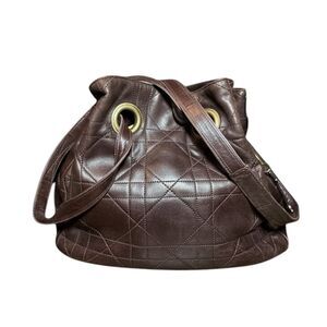 Christian Dior Brown Quilted Cannage Leather Small Hobo Bucket Shoulder Bag Auth